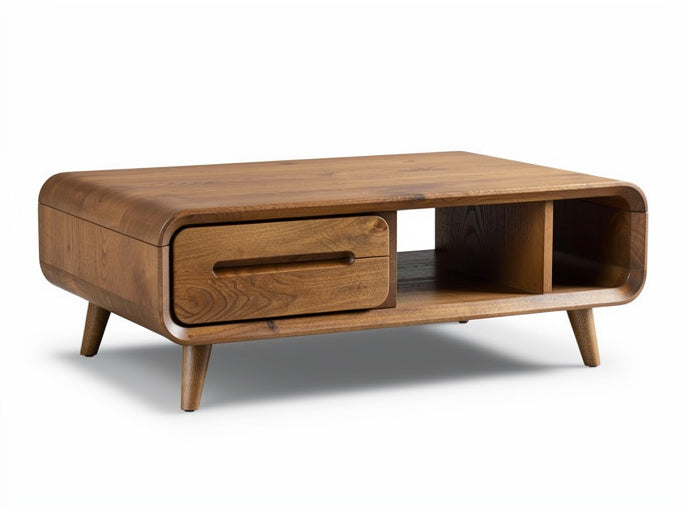 **Technische titel in het Nederlands: "Moderne houten salontafel met lades en open opbergvak"**