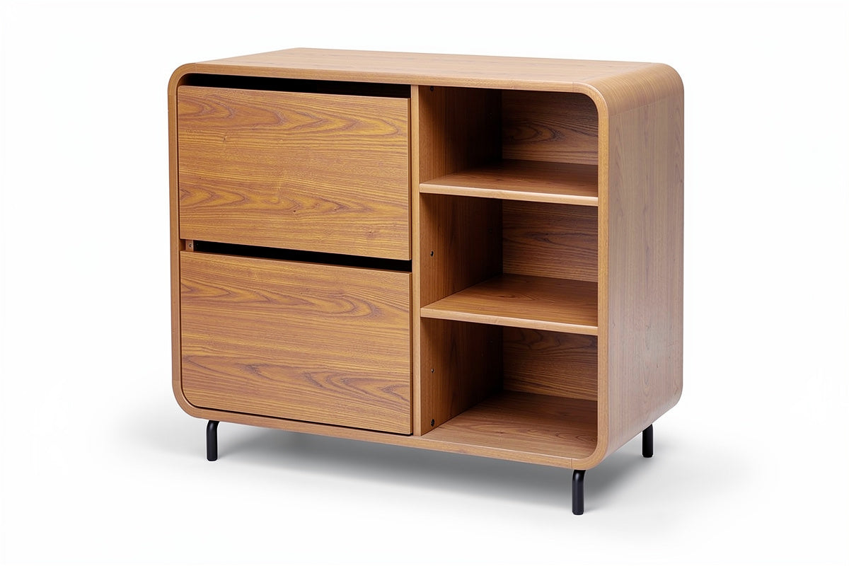 **Technische titel in het Nederlands: Moderne houten opbergkast met open en gesloten compartimenten**